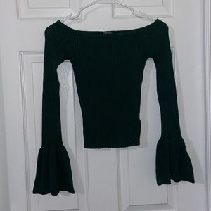 F21 off the shoulder knit sweater with sleeves that flare at the bottom